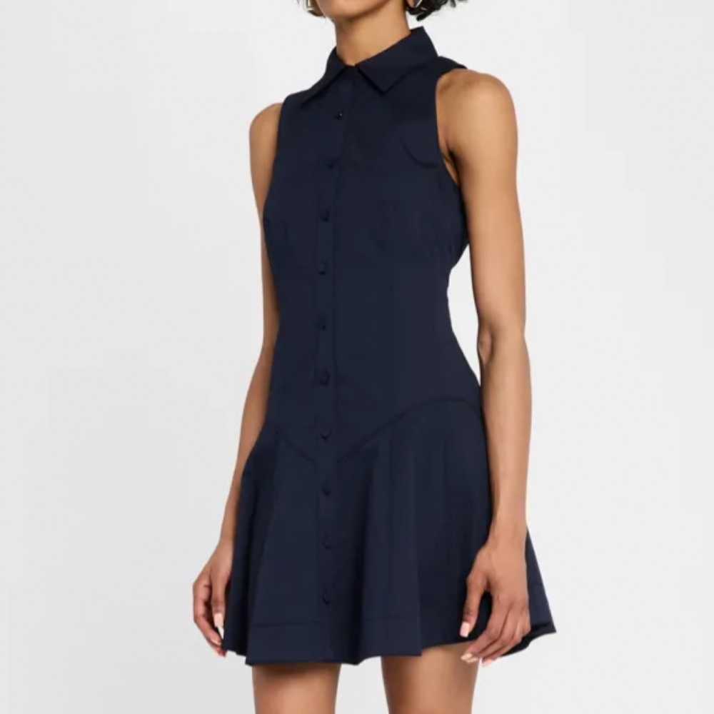 NWT Cinq a Sept Poppy Sleeveless Flared Mini Poplin Shirtdress - Navy Blue Sz4 - Picture 4 of 11